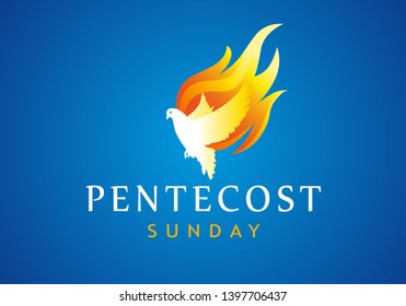 Pentecost sunday banner with dove in flame. Invitation the christian service of pentecost with Holy Spirit and text. Vector illustration