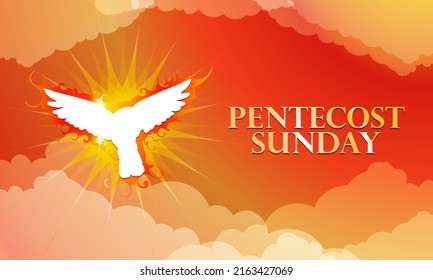 Pentecost Sunday Banner. Dove in heaven on sunset background with clouds. Pentecost concept and typography. Celebrated on fifty days after Easter. Whitsunday Set. Vector Illustration. EPS 10.