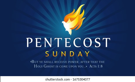 Pentecost Sunday banner with Holy Spirit in flame. Template invitation for Pentecost day with dove in tongues fire and text Acts 1:8. Vector illustration