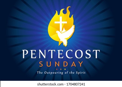 Pentecost Sunday banner with Holy Spirit in flame. Template invitation for Pentecost day with dove in tongues fire and text - The Outpouring of the Spirit. Vector illustration