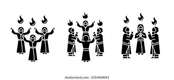 Iconos de glifos negros pentecostés de domingo en el espacio blanco. Fiesta religiosa. Cristiandad temprana. Lenguas de fuego sagrado. Símbolos de silueta. Paquete de pictogramas sólido. Ilustración aislada del vector