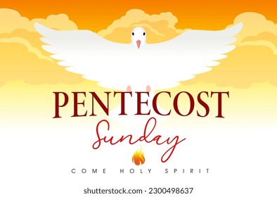 Pentecost Sunday, bulletin banner concept. Come Holy Spirit, flying dove in sky - design for poster of worship or invitation. The Outpouring of the Spirit, vector illustration