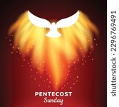 Pentecost Sunday Christian holiday Abstract Poster. Whit Sunday, Whitsunday or Whitsun Vector Illustration. Holy spirit or Holy Ghost. White dove flame graphic. Social media post, Prayer card, website