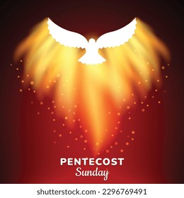 Pentecost Sunday Christian holiday Abstract Poster. Whit Sunday, Whitsunday or Whitsun Vector Illustration. Holy spirit or Holy Ghost. White dove flame graphic. Social media post, Prayer card, website