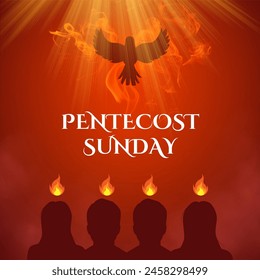 Pentecost Sunday Christian holiday Abstract Poster. Whit Sunday, Whitsunday or Whitsun Vector Illustration. Holy spirit or Holy Ghost. White dove flame graphic. Social media post, Prayer card, website