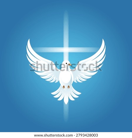 Pentecost Sunday, Christian vector illustration of flying dove, holy cross, and praying hands silhouette. Spiritual background for Easter, Pentecost, peace, hope, and religious concept.