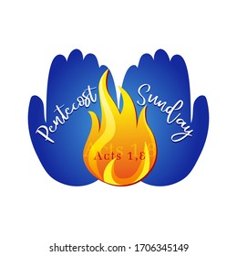 Pentecost Sunday congrats. Fire in hands logo concept. Creative sign and calligraphic text. Holiday greeting card. Abstract isolated graphic design template. Logotype idea in red, white, blue colors.