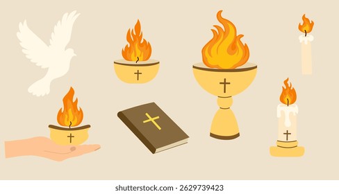 Pentecost Sunday elements dove of peace, flames of the Holy Spirit, Bible, burning candles, chalice, and open hand. Perfect for church invitations or holiday graphics. Vector illustration
