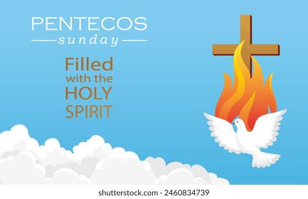 Pentecost Sunday Filled with the Holy Spirit, Ephesians 5:18.Cross on a blue background in the clouds, the Holy Spirit in the form of a dove, flame. text. Pentecost invitation or banner vector design.