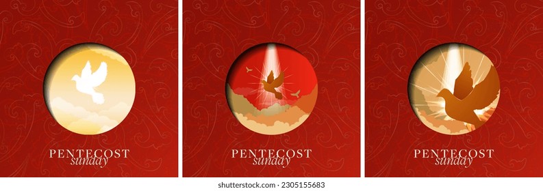 Pentecostés Sunday Greeting Card Cartel Set. Iconos del Espíritu Santo. Ilustraciones de diseño de pancartas de pentecost sunday. Ilustración de vectores editable. EPS 10