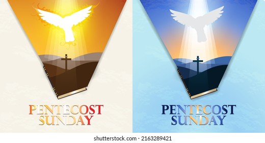 Pentecost Sunday Greeting Concept and logo set. Sunset and sunrise background. Vision coming from bible. Holy spirit dove from heaven, pentecost typography. Vector Illustration. Square format. EPS 10.