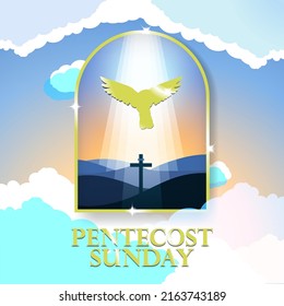 Pentecost Sunday Greeting Concept Logo. Celebrated on fifty days after Easter. Whitsunday. Dove in heaven, golden frame. Holy spirit ascending. Vector Illustration. EPS 10. Editable.