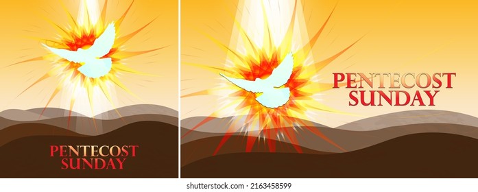 Pentecost Sunday Greeting Concept. Square and Banner set. Holy spirit descending from heaven. Celebrated on fifty days after Easter. Whitsunday Set. Vector Illustration. EPS 10.