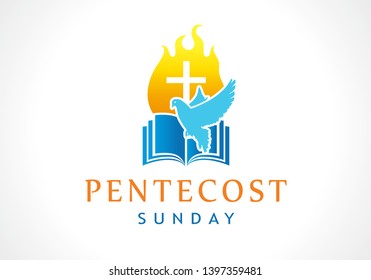 Pentecost Sunday, Holy Spirit banner. Invitation the service of Pentecost with dove, bible and cross in flame. Vector template