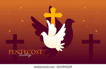 Pentecost Sunday Holy Spirit Celebration with Dove, Flame, and Cross Banner Illustration.