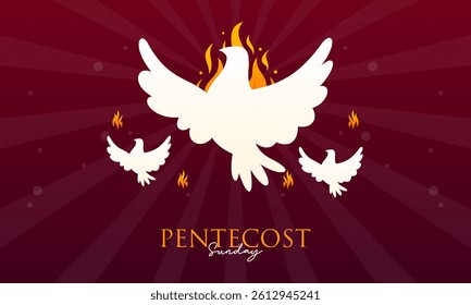 Pentecost Sunday Holy Spirit Celebration with Dove, Flame, and Cross Banner Illustration.