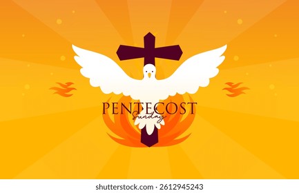 Pentecost Sunday Holy Spirit Celebration with Dove, Flame, and Cross Banner Illustration.