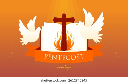 Pentecost Sunday Holy Spirit Celebration with Dove, Flame, and Cross Banner Illustration.
