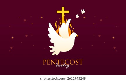 Pentecost Sunday Holy Spirit Celebration with Dove, Flame, and Cross Banner Illustration.