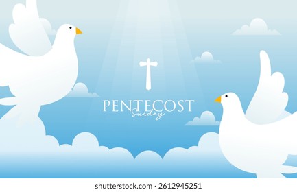 Pentecost Sunday Holy Spirit Celebration with Dove, Flame, and Cross Banner Illustration.