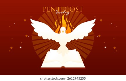 Pentecost Sunday Holy Spirit Celebration with Dove, Flame, and Cross Banner Illustration.