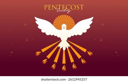 Pentecost Sunday Holy Spirit Celebration with Dove, Flame, and Cross Banner Illustration.