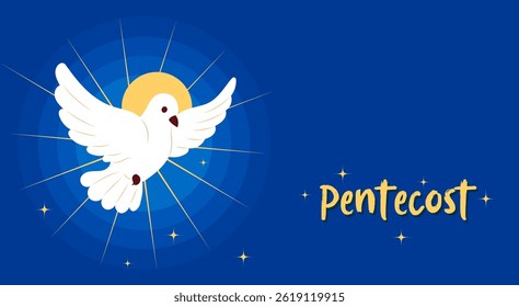 Pentecost Sunday Holy Spirit. White Dove with Halo on Blue Background Banner. Catholics or Christians Religious Culture Holiday. Horizontal Poster for Biblical Series. Vector Illustration