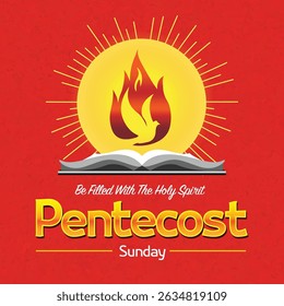 Pentecost Sunday Illustration Be Filled With The Holy Spirit. The Holy Spirit with dove silhouette inside flame and Holy Bible illustration. Invitation design for Pentecost Worship service or banner  