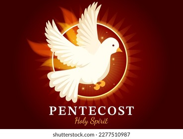 Pentecost Sunday Illustration with Flame and Holy Spirit Dove in Catholics or Christians Religious Culture Holiday Flat Cartoon Hand Drawn Templates