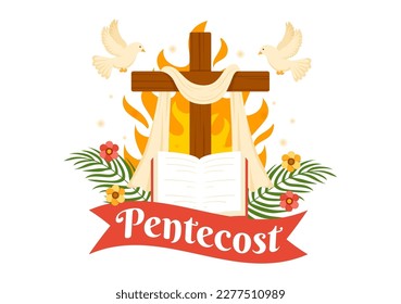 Pentecost Sunday Illustration with Flame and Holy Spirit Dove in Catholics or Christians Religious Culture Holiday Flat Cartoon Hand Drawn Templates