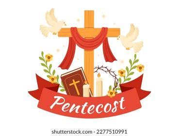 Pentecost Sunday Illustration with Flame and Holy Spirit Dove in Catholics or Christians Religious Culture Holiday Flat Cartoon Hand Drawn Templates