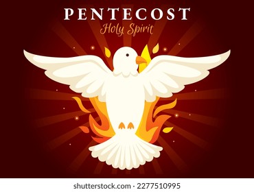 Pentecost Sunday Illustration with Flame and Holy Spirit Dove in Catholics or Christians Religious Culture Holiday Flat Cartoon Hand Drawn Templates