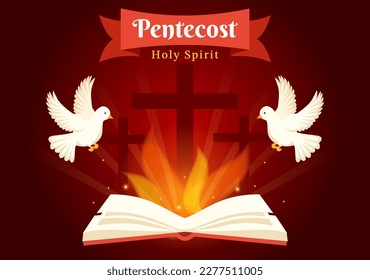 Pentecost Sunday Illustration with Flame and Holy Spirit Dove in Catholics or Christians Religious Culture Holiday Flat Cartoon Hand Drawn Templates