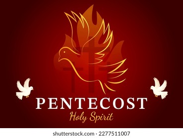 Pentecost Sunday Illustration with Flame and Holy Spirit Dove in Catholics or Christians Religious Culture Holiday Flat Cartoon Hand Drawn Templates