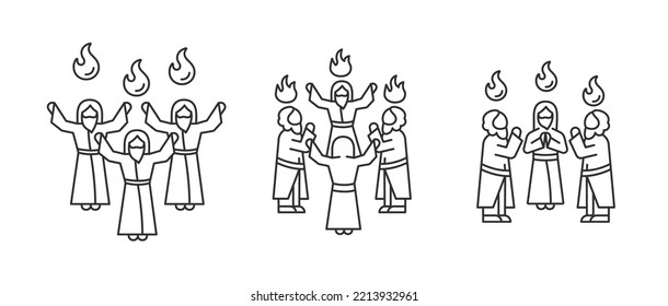 Pentecost Sunday Linear Icons Set. Religious Holiday. Early Christianity. Tongues Of Holy Fire. Customizable Thin Line Symbols. Isolated Vector Outline Illustrations. Editable Stroke