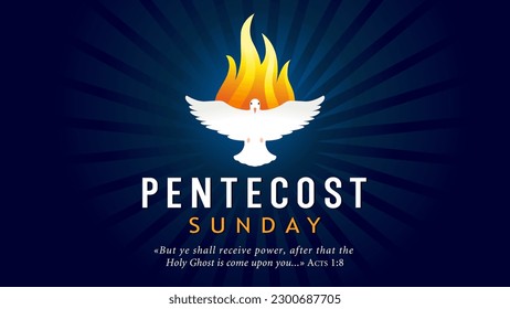 Pentecost Sunday, pigeon Holy Spirit in flame. But ye shall receive power, after that the Holy Ghost. Flying dove in fire, worship poster or banner design. Vector illustration