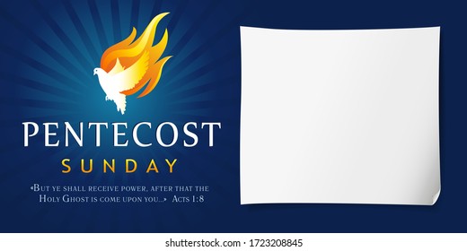 Pentecost Sunday poster with dove Holy Spirit in flame. Template invitation banner for Pentecost day with dove in tongues fire and text Acts 1:8. Vector illustration