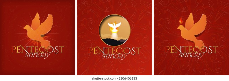 Pentecost Sunday Poster Set. Beautiful Dove Silhouette with pentecostal fire and light. Pentecost icon on red background. Editable Vector Illustration. EPS 10