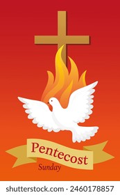 Pentecost Sunday.On a red background there is a cross, a flame and a flying dove, a ribbon with a signature.Religious vector illustration