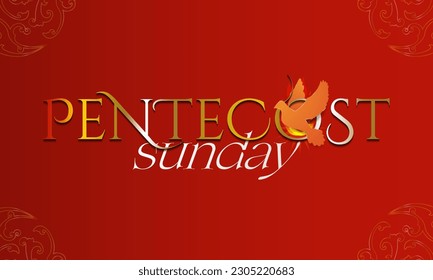 Domingo Pentecostés. Espíritu sagrado rojo con fuego pentecostés en el diseño tipográfico del domingo de Pentecostés, celebrado el 50 día de Pascua. Ilustración vectorial. EPS 10