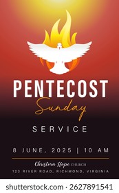 Serviço de domingo de Pentecostes 2025, modelo de banner da web da igreja. Design de cartaz religioso criativo com pomba em chama e texto. Ilustração vetorial