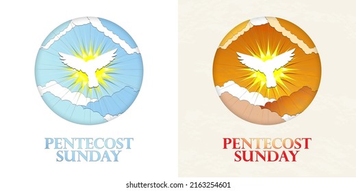 Pentecost Sunday Set. Dove from heaven on sunset and sunrise backgrounds. Paper and origami pentecost concept. Celebrated on fifty days after Easter. Whitsunday Set. Vector Illustration. EPS 10.