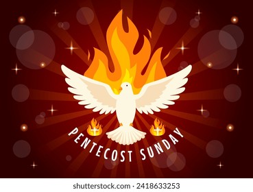 Pentecost Sunday Vector Illustration with Flame and Holy Spirit Dove in Catholics or Christians Religious Culture Holiday Flat Cartoon Background
