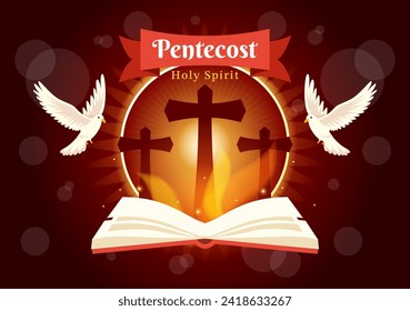 Pentecost Sunday Vector Illustration with Flame and Holy Spirit Dove in Catholics or Christians Religious Culture Holiday Flat Cartoon Background
