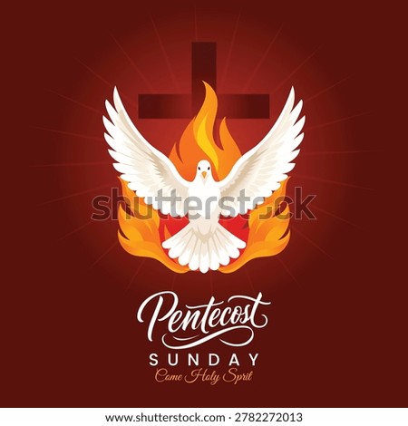 Pentecost Sunday Vector Poster with Holy Spirit Dove, Fire Flame, Cross and Christian Typography for Church Banner, Worship Background and Flyer Design. 