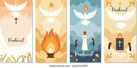 Pentecost Vector Banner Set | Holy Spirit Dove and Flames Illustrations | Christian Holiday Flat Design