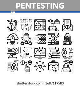 Pentesting Software Collection Icons Set Vector. Pentesting Programming Code, Cybersecurity Shield, Web Site Penetration Test Concept Linear Pictograms. Monochrome Contour Illustrations
