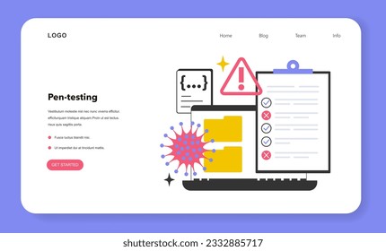 Pentando banner web o página de inicio. Tecnología de seguridad cibernética o web. Protección digital de datos y seguridad de bases de datos. Corrección de errores y prevención de ciberataques. Ilustración vectorial plana