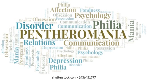 Pentheromania word cloud. Type of mania, made with text only.