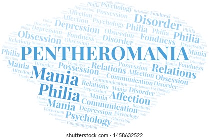 Pentheromania word cloud. Type of mania, made with text only.
